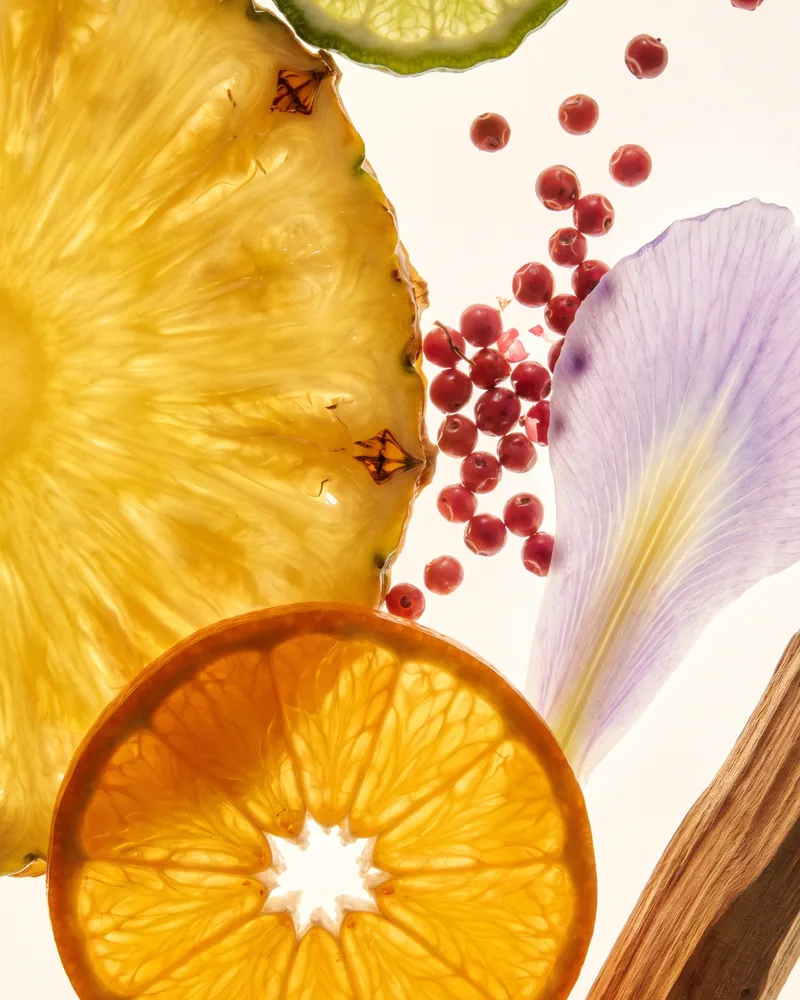 Ananas ve narenciye dilimleri, pembe biber taneleri, süsen yaprağı ve odun parçası