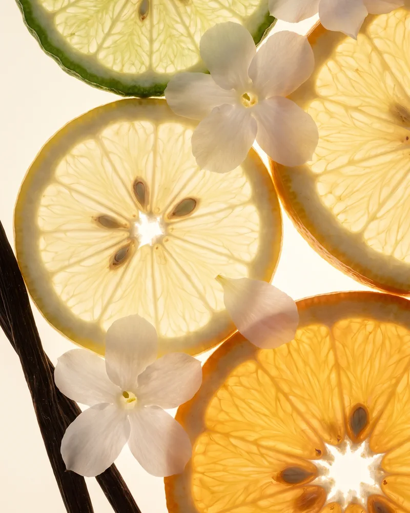 Limon ve portakal dilimleri, beyaz çiçekler ve vanilya çubuğu